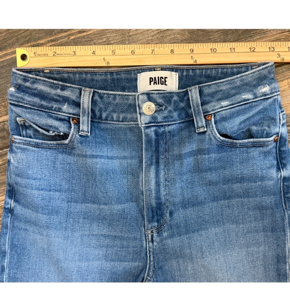 Paige Anessa Straight High Rise Raw Hem Blue Jeans Size 28x26 Ankle Stretch EUC - Picture 5 of 10